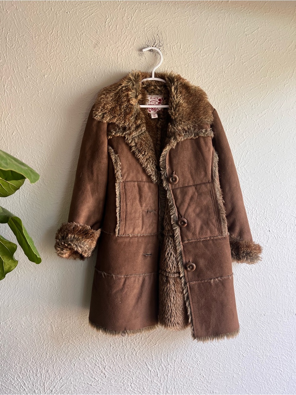 Girls Brown Faux Fur Trim Coat
